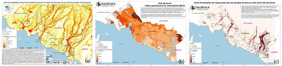 FIGURE 4 — Volcanic risk mapping in Goma, North Kivu, D.R. Congo. (a) Lava flow invasion susceptibility map. (b) Vulnerability map. (c) Lava flow risk map. Maps (c) RMCA, 2019
