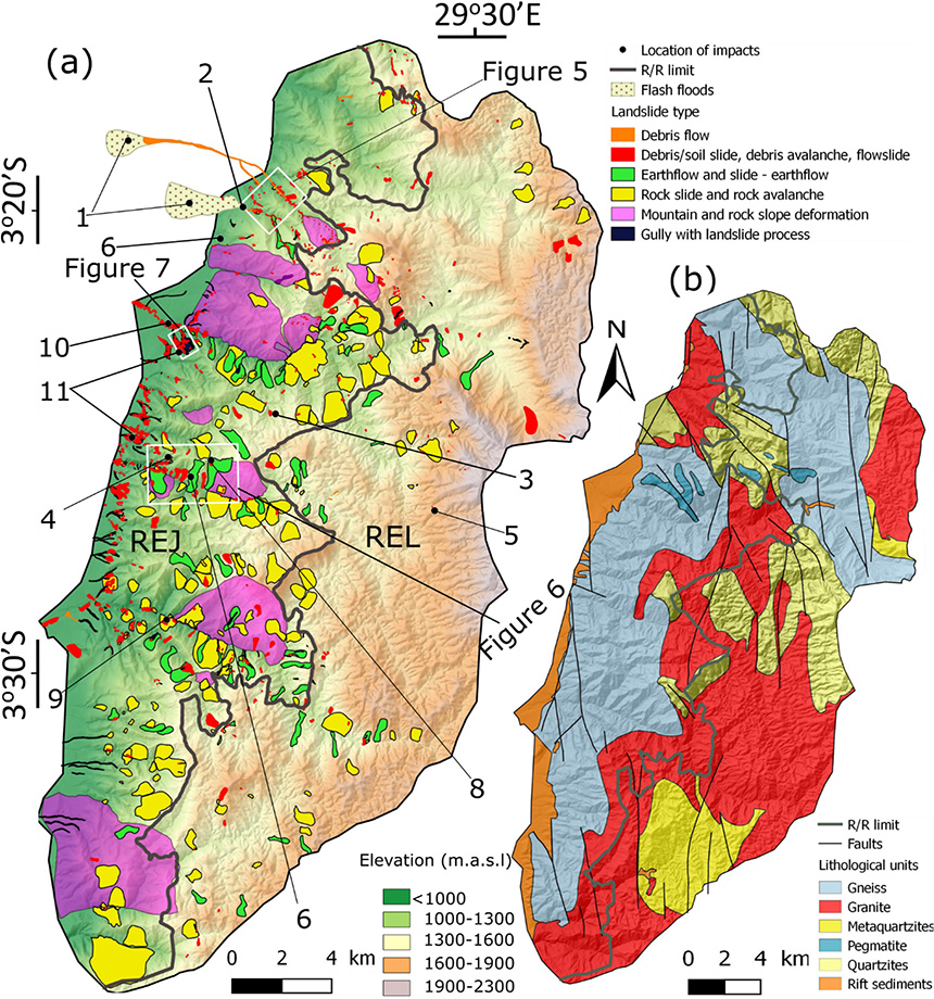 Figure 2 — Kartering en classificatie van aardverschuivingen in Bujumbura, Burundi, en correlatie met lithologie