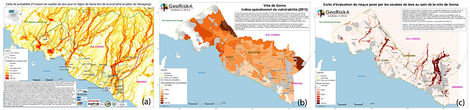 FIGURE 4 — Cartographie des risques volcaniques à Goma, Nord-Kivu, R.D. Congo. (a) Carte de susceptibilité à l'invasion par les coulées de lave. (b) Carte de vulnérabilité. (c) Carte des risques de coulées de lave. Cartes (c) MRAC, 2019